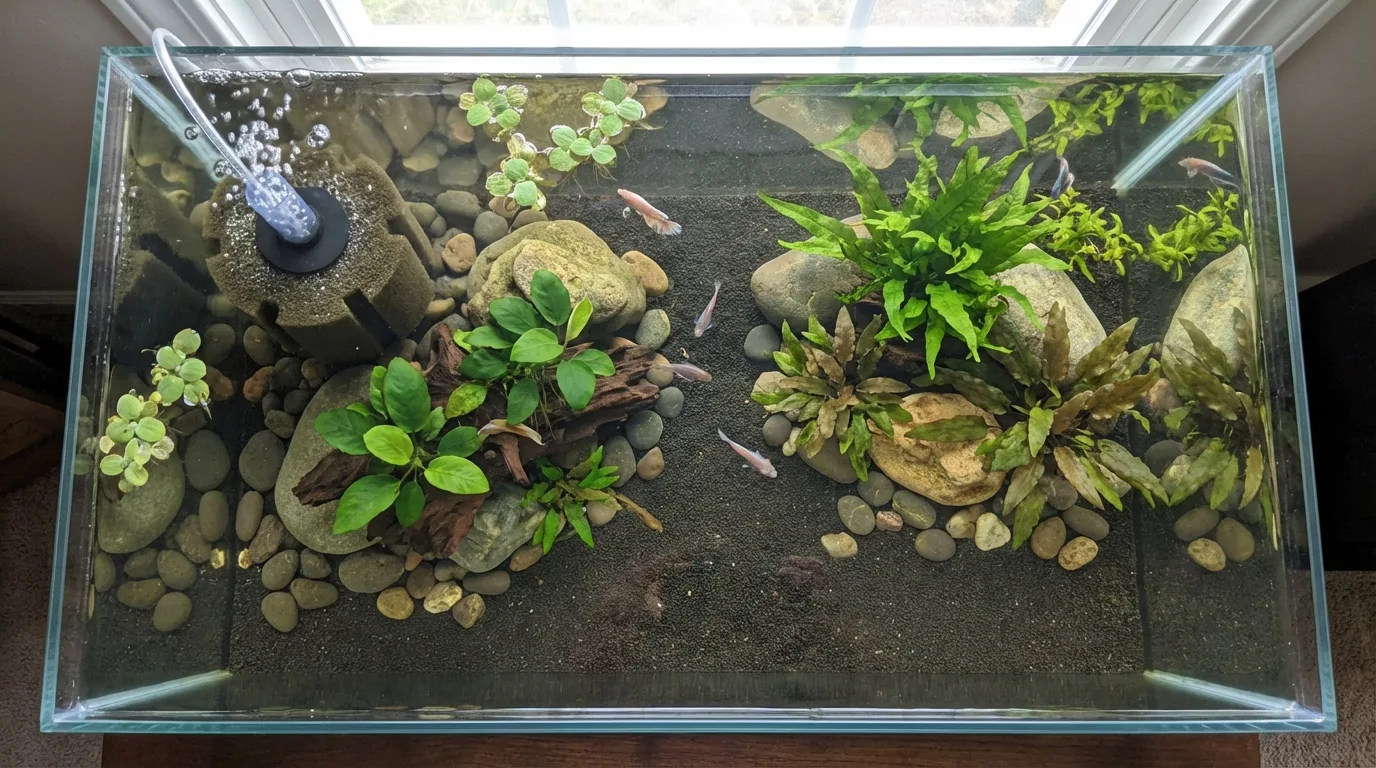 Aquário ideal para peixes idosos: filtro de esponja, substrato macio e muitas plantas para descanso e bem-estar.
