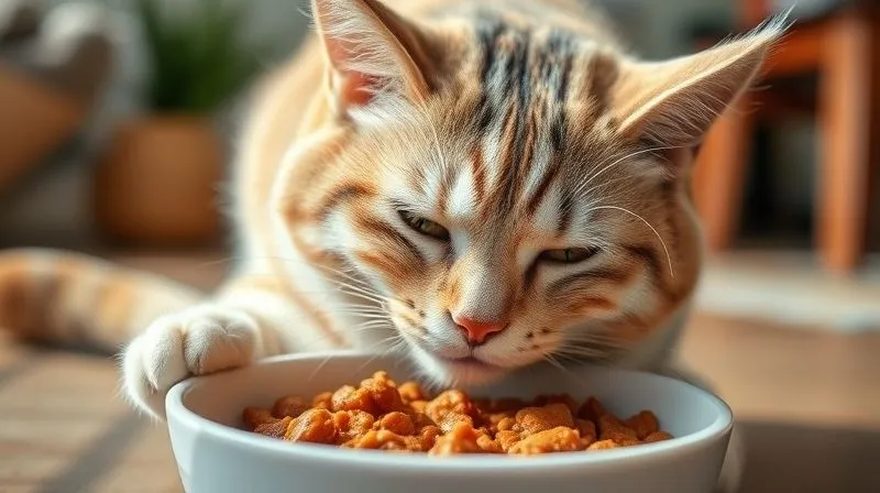 A close-up, photorealistic shot of a happy, older cat delicately eating specialized wet food from a clean bowl, with its whiskers gently touching the food. The scene is bathed in soft, natural light, highlighting the texture of the food and the cat's contented expression. Sharp focus on the cat's face and the food, with a blurred, cozy home background. 8K hyper-detailed, professional photography, shot on a high-end DSLR.