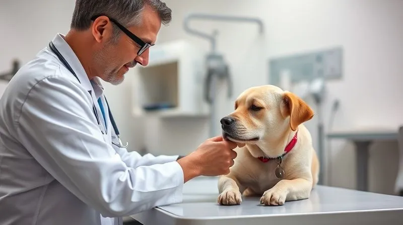 A professional and empathetic veterinarian gently examining an older, calm dog on an examination table, with the pet owner looking on with concern and hope. The scene is set in a clean, modern veterinary clinic, with soft, inviting lighting. Sharp focus on the interaction, with medical equipment subtly blurred in the background. 8K hyper-detailed, professional photography, shot on a high-end DSLR.