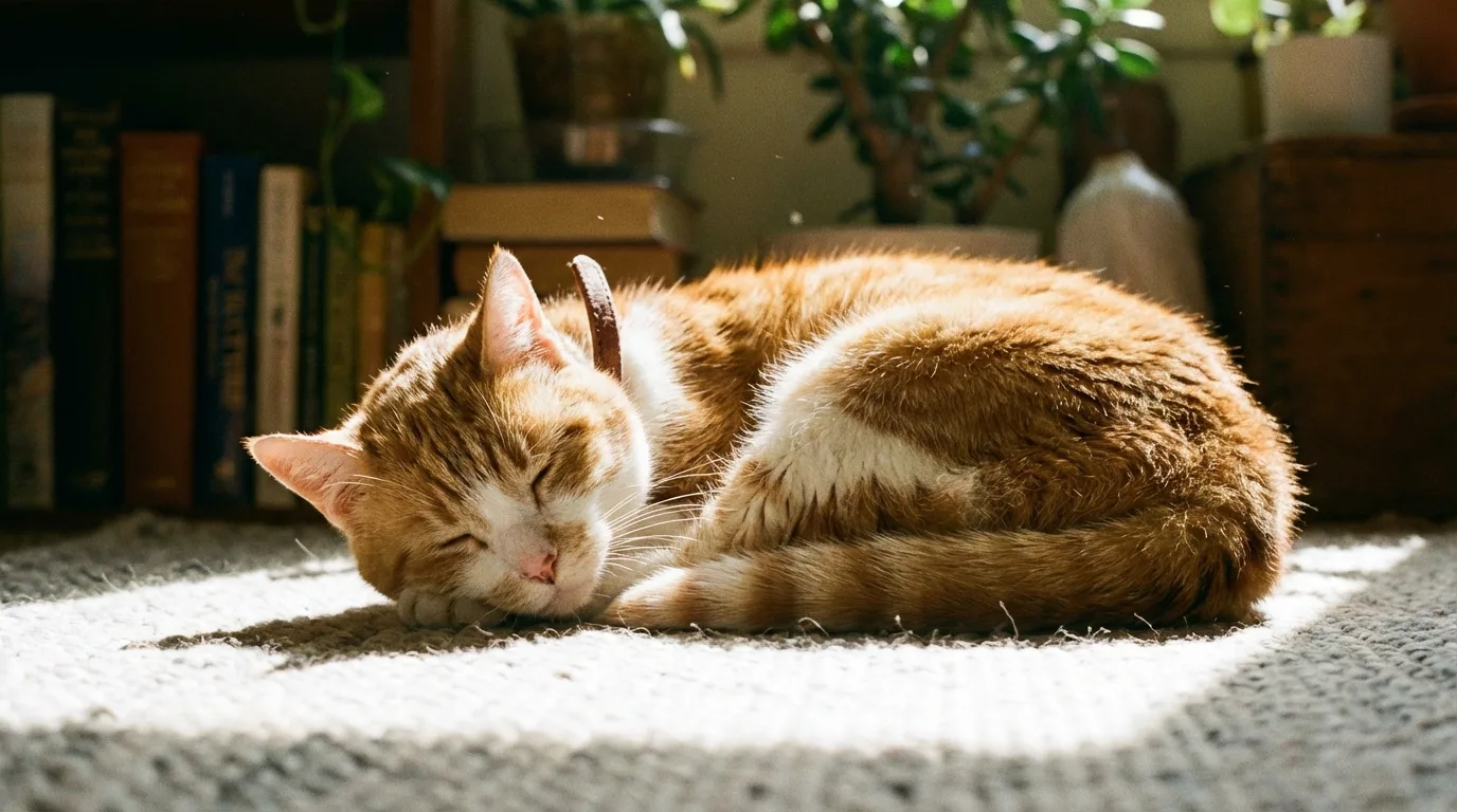 Gato idoso relaxando ao sol com uma coleira antipulgas, em ambiente doméstico tranquilo.