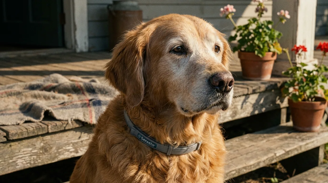 Golden retriever idoso usando uma coleira Seresto® em um dia ensolarado.