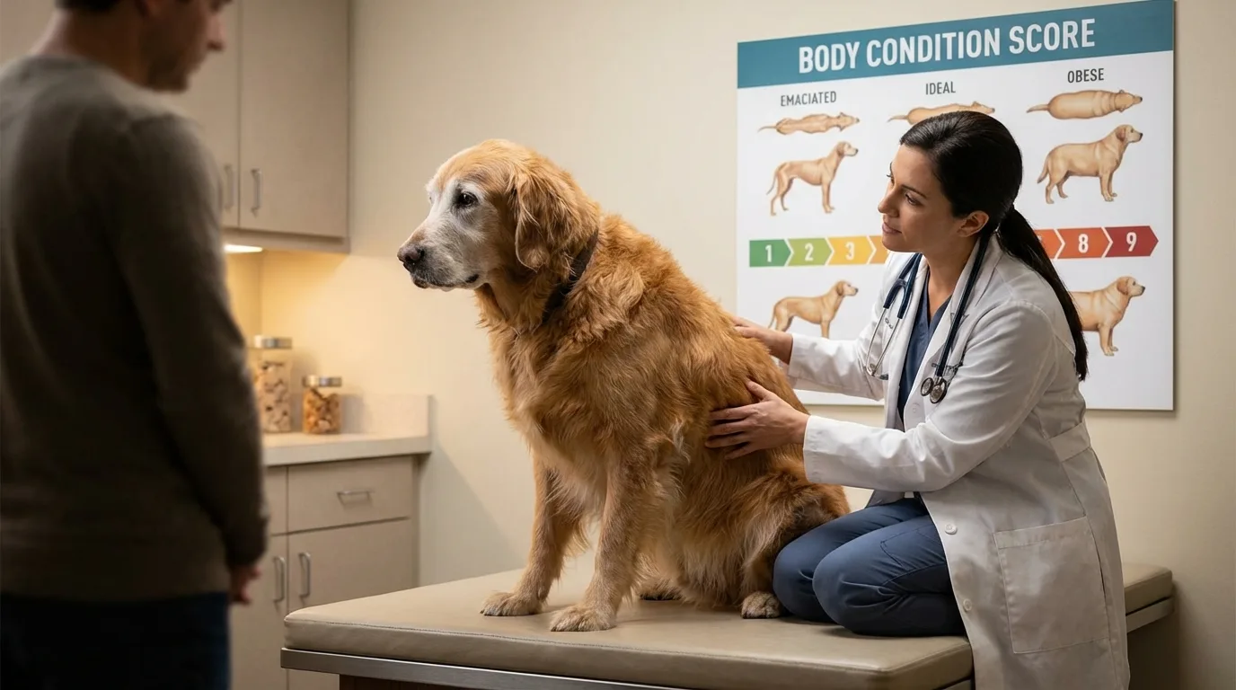photorealistic, professional photography, 8K, cinematic lighting, sharp focus, depth of field, a veterinarian examining a senior dog's body condition, with a chart showing the Body Condition Score in the background