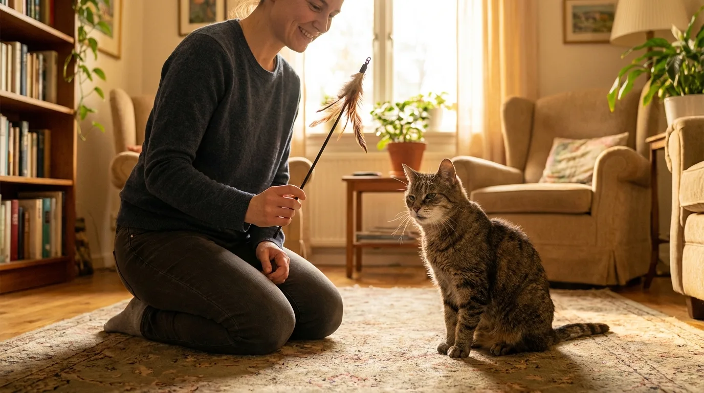 photorealistic, professional photography, 8K, cinematic lighting, sharp focus, depth of field, a loving owner gently playing with their senior cat using a feather toy, in a cozy and well-lit living room