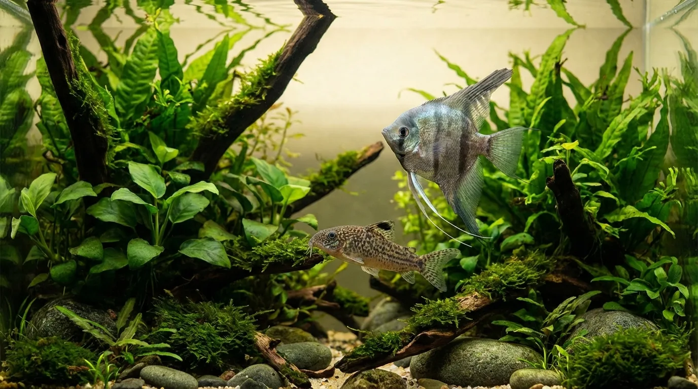 Um peixe idoso nadando tranquilamente em um aquário bem plantado, com iluminação suave e companheiros pacíficos.